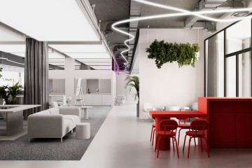 Office for IT company concept with yellow island, transformable core and open workspace