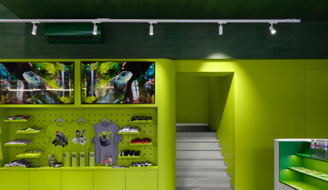 Panteric shop entrance area with dark display cases and soft surrounding finishes