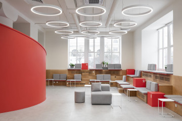 Yandex x ITMO multifunctional university space with yellow accents and flexible coworking furniture